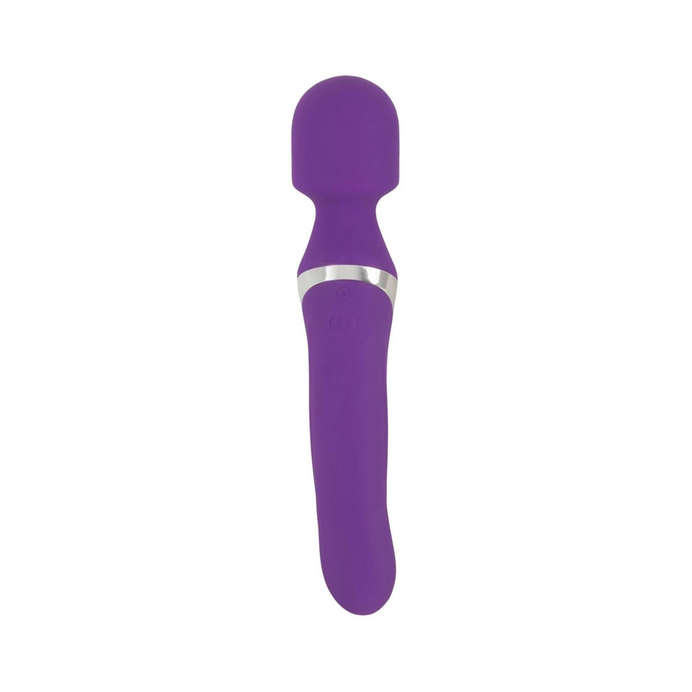 Massaggiatore viola con dettaglio argento. Forma ergonomica, testa arrotondata e manico dritto.