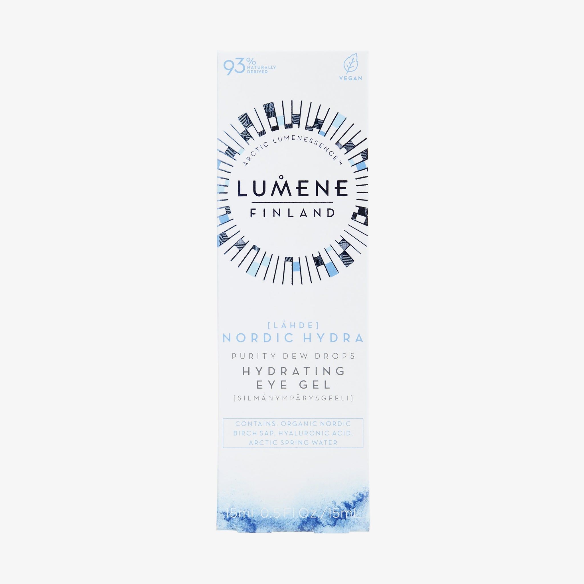 Confezione bianca con dettagli blu. Scritta: Lumene Finland, Nordic Hydra Purity Dew Drops Hydrating Eye Gel. Sigillo vegano.