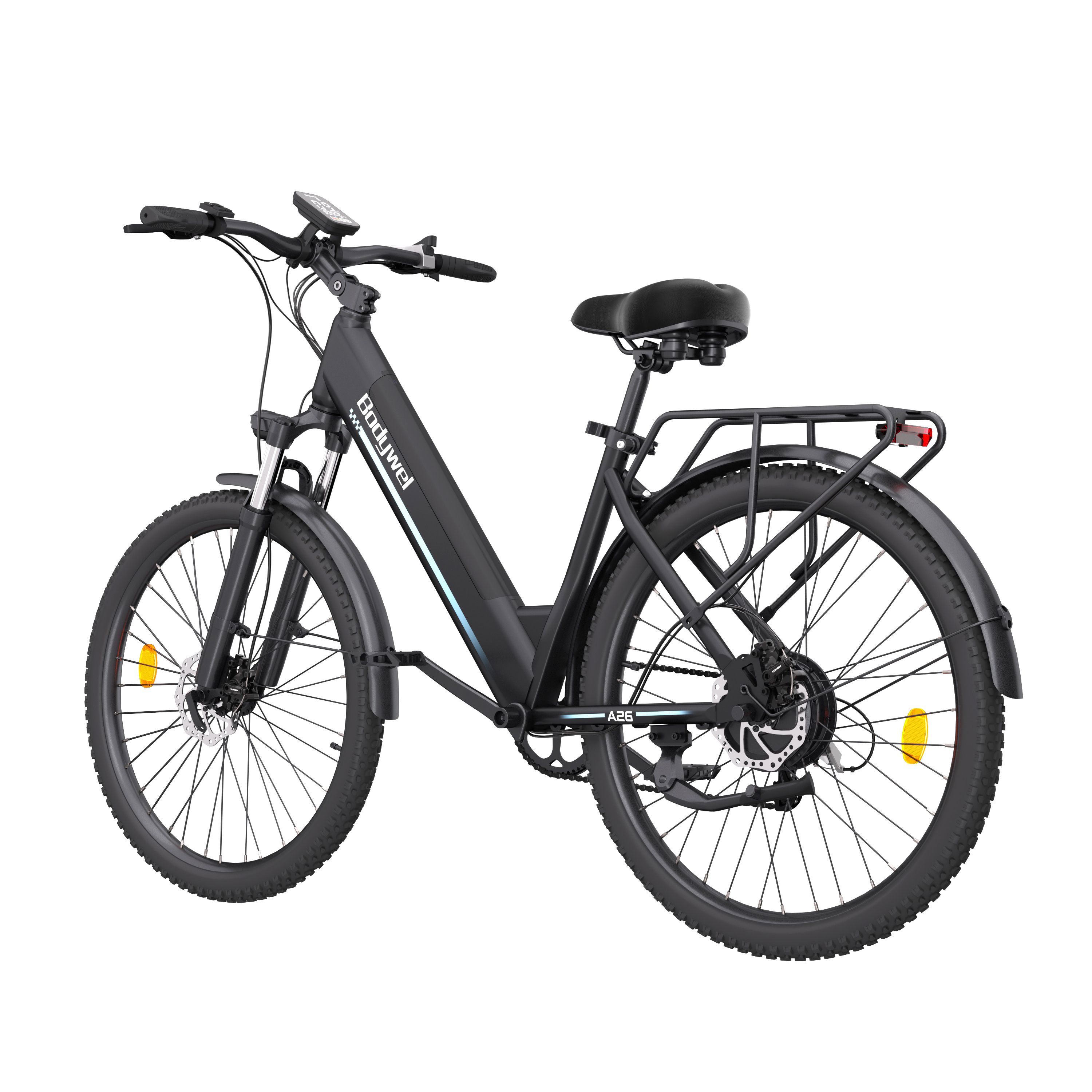 E-bike nera, vista posteriore. Portapacchi, parafanghi, fanale. Bodywel A26.
