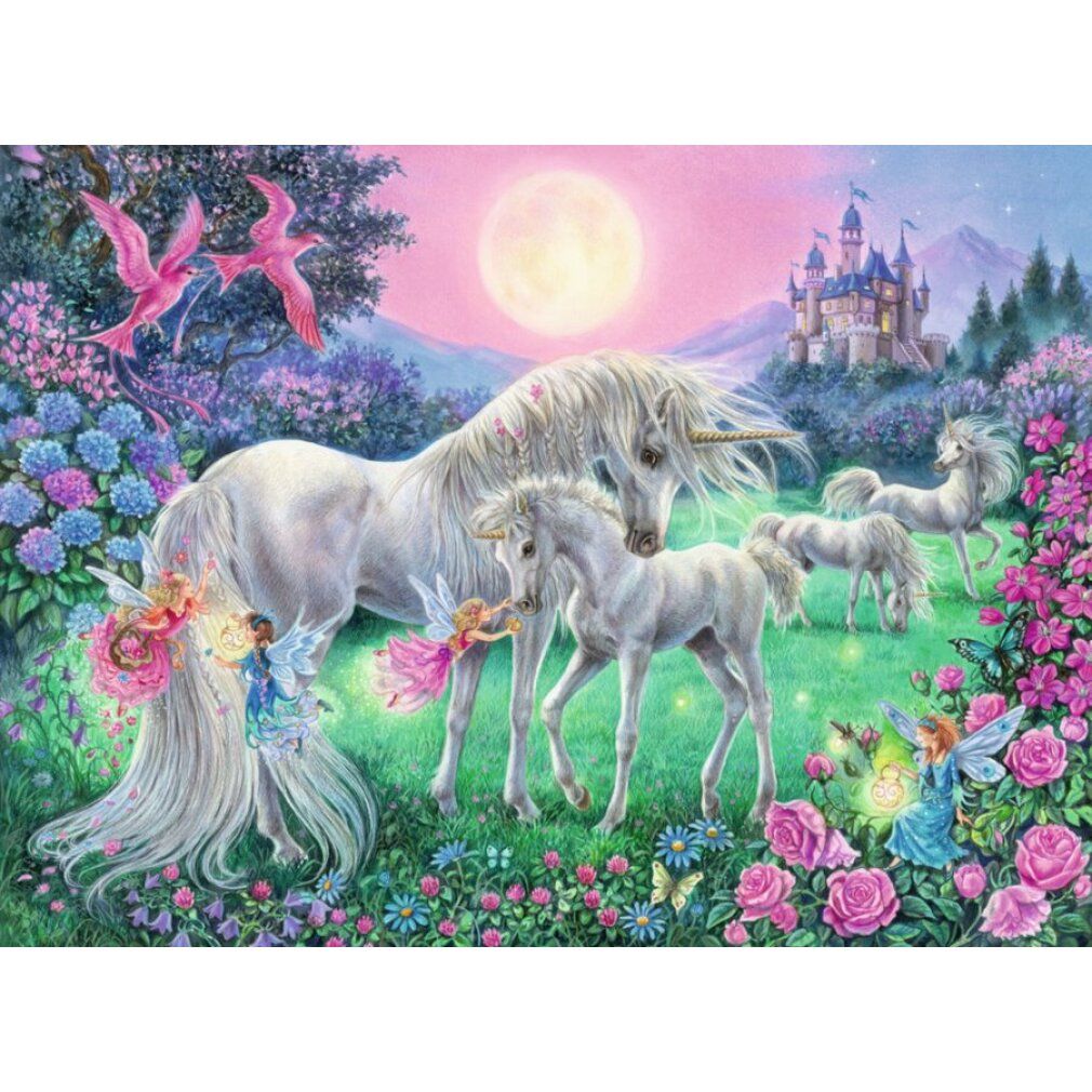 Puzzle con unicorni al chiaro di luna. Unicorni, fate, castello, luna e fiori. Tonalità rosa e blu.