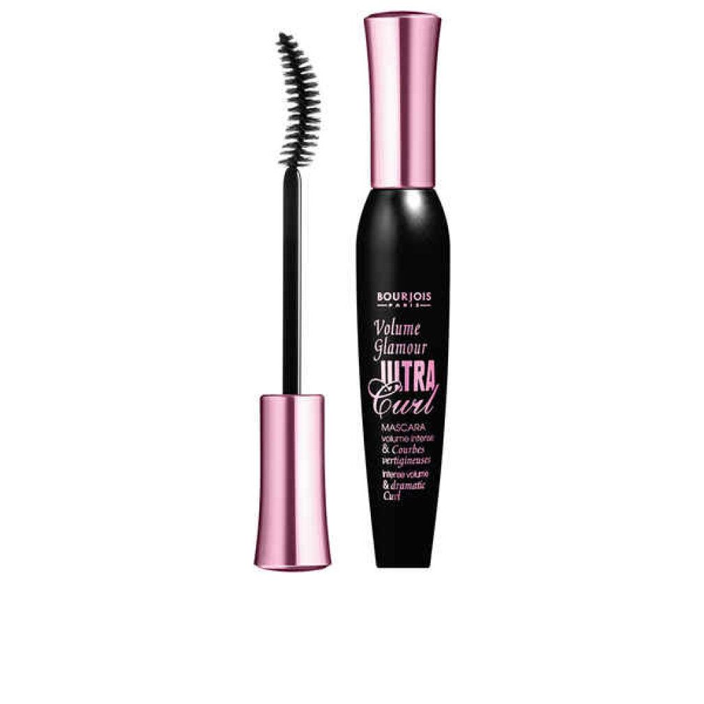 Tubo di mascara nero con tappo rosa e spazzola. Scritta: Volume Glamour Ultra Curl.