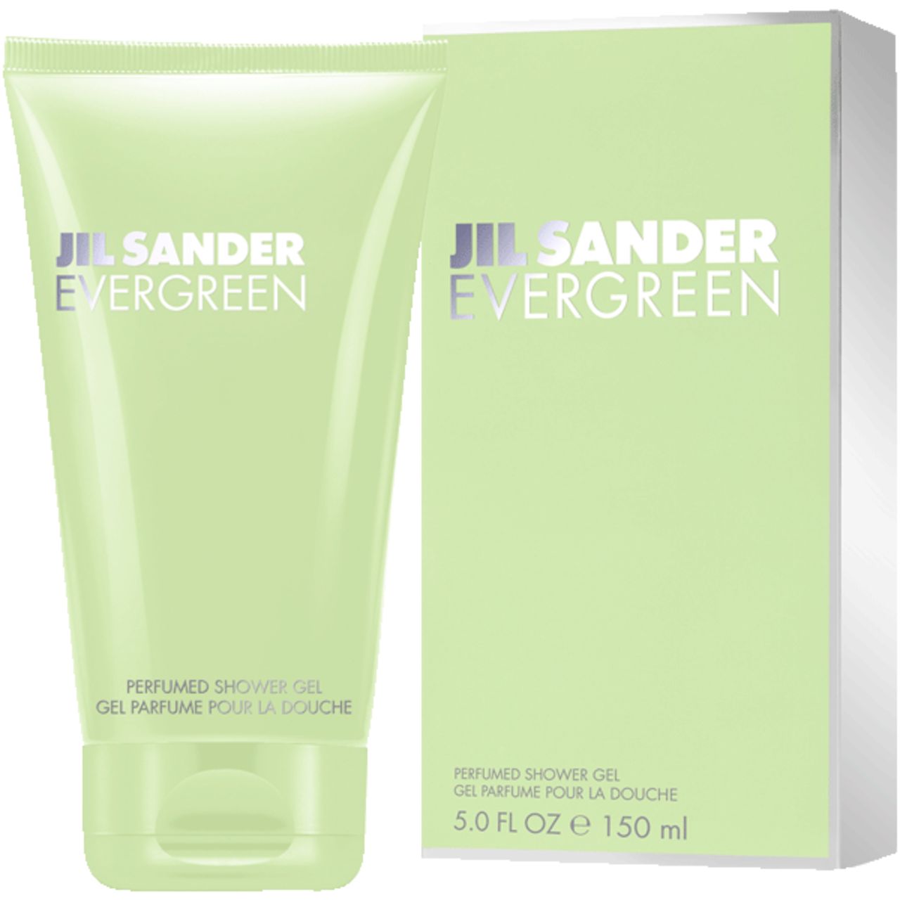 Tubo e confezione verde chiaro. Scritta: Jil Sander Evergreen, Perfumed Shower Gel. 5.0 FL OZ e 150 ml.