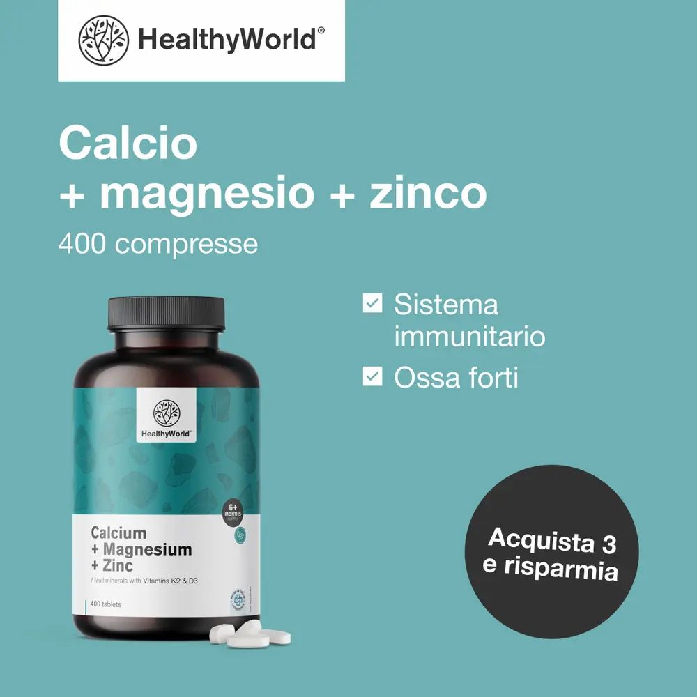 Flacone di compresse. Testo: Calcio + magnesio + zinco, 400 compresse. Simboli: sistema immunitario, ossa forti.