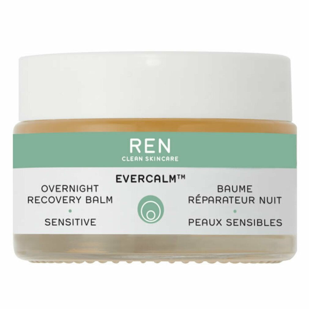 Vasetto di vetro con coperchio bianco. Scritta: REN CLEAN SKINCARE, EVERCALM, Overnight Recovery Balm, Sensitive. Fascia turchese.