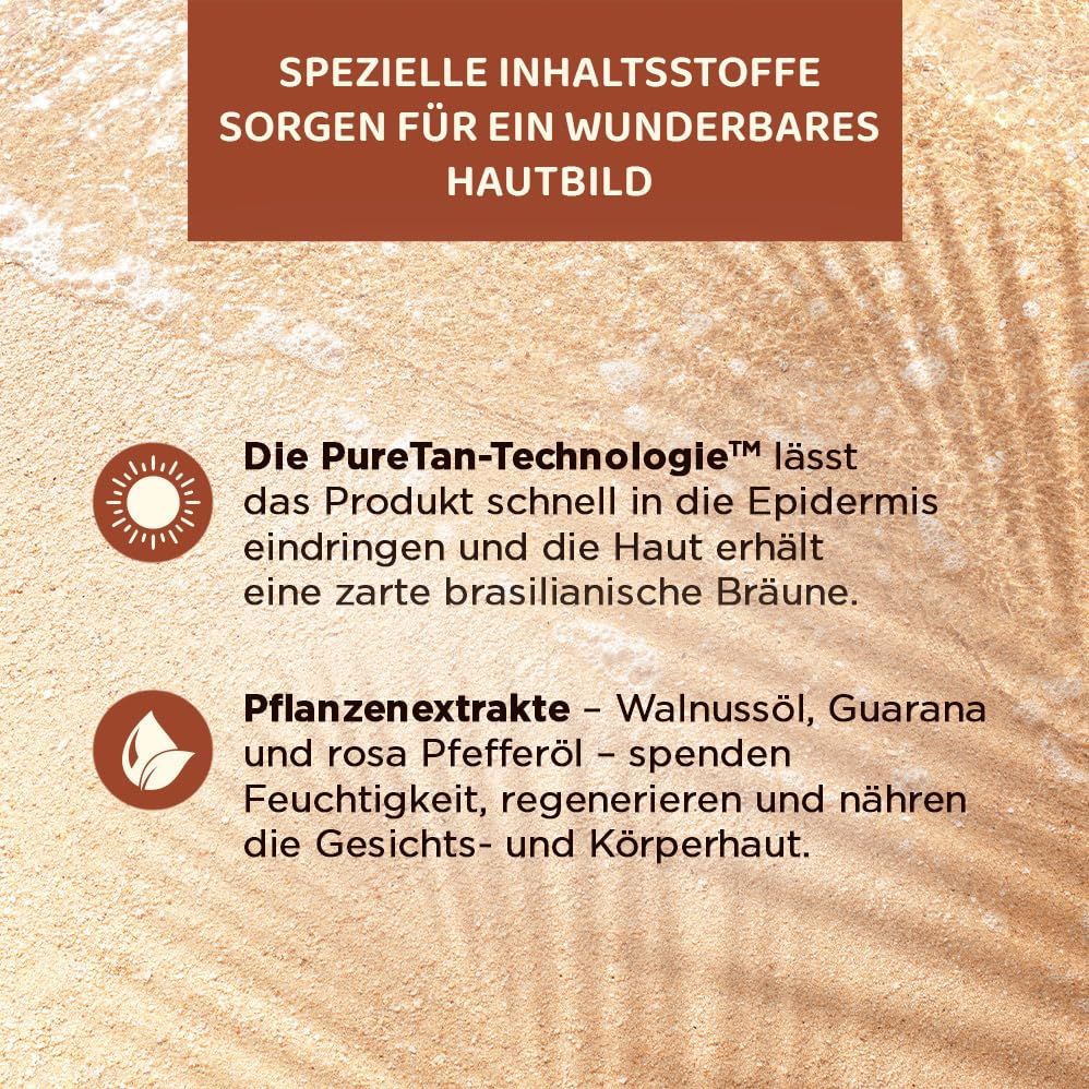 Testo sugli ingredienti dello spray autoabbronzante: tecnologia PureTan, estratti vegetali (olio di noci, guaranà, pepe rosa).
