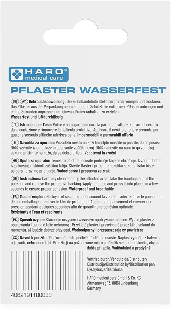 Retro della confezione Haro Pflaster wasserfest. Testo in tedesco, inglese, francese, italiano, olandese e ceco.