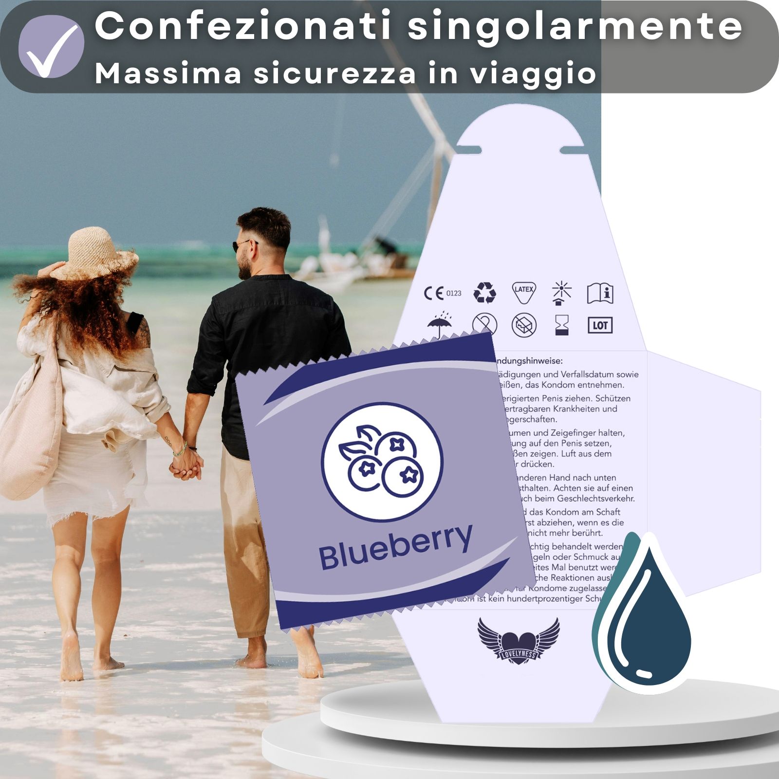 Preservativi, confezionati singolarmente. Massima sicurezza. Gusto mirtillo. Logo con ali e cuore.