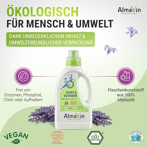 Flacone detersivo AlmaWin Sport & Outdoor, vegan, certificato eco, in plastica 100% riciclata.