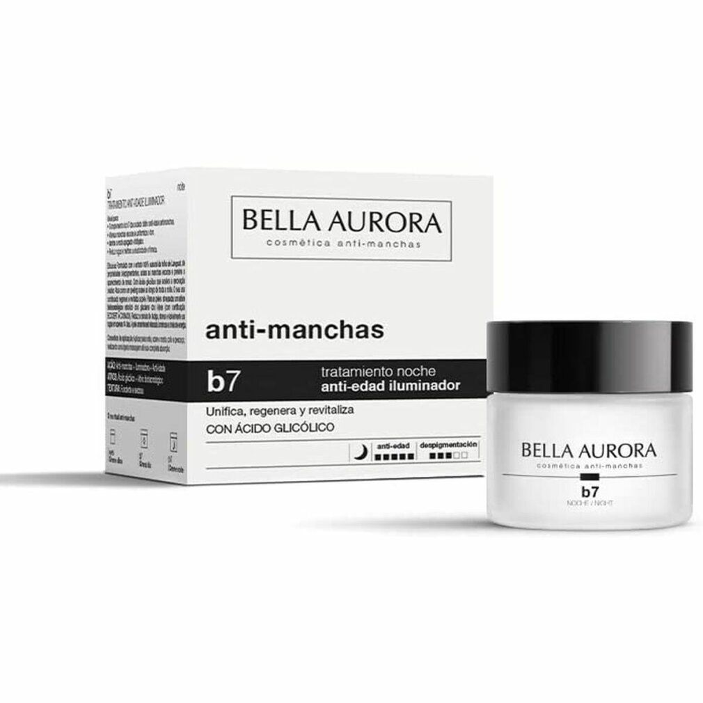 Vaso di crema e scatola. Scritta: Bella Aurora, anti-manchas, b7, trattamento notte anti-età illuminante. Con acido glicolico.