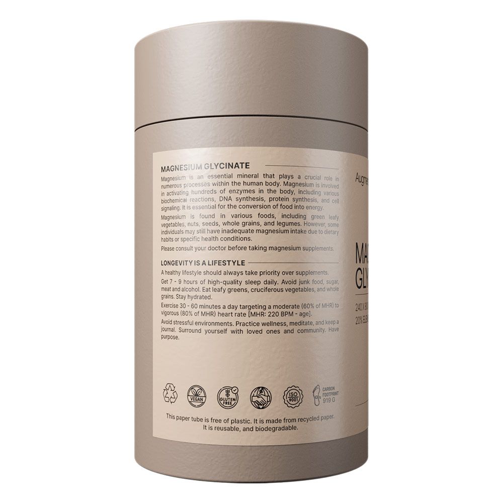 Contenitore tubolare grigio con etichetta di magnesio glicinato e certificazioni ambientali.