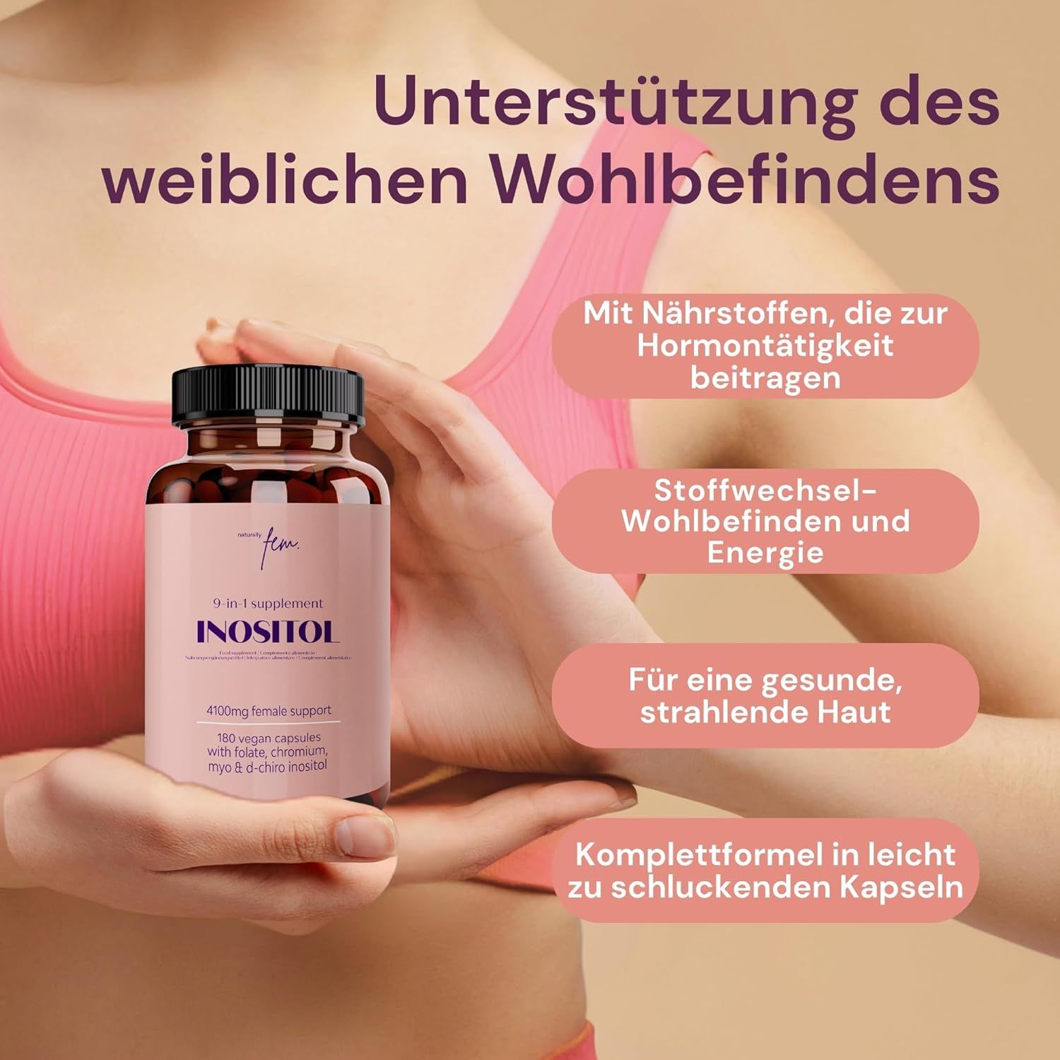 Bottiglia con etichetta rosa, tenuta in mano, con testo sul benessere femminile.