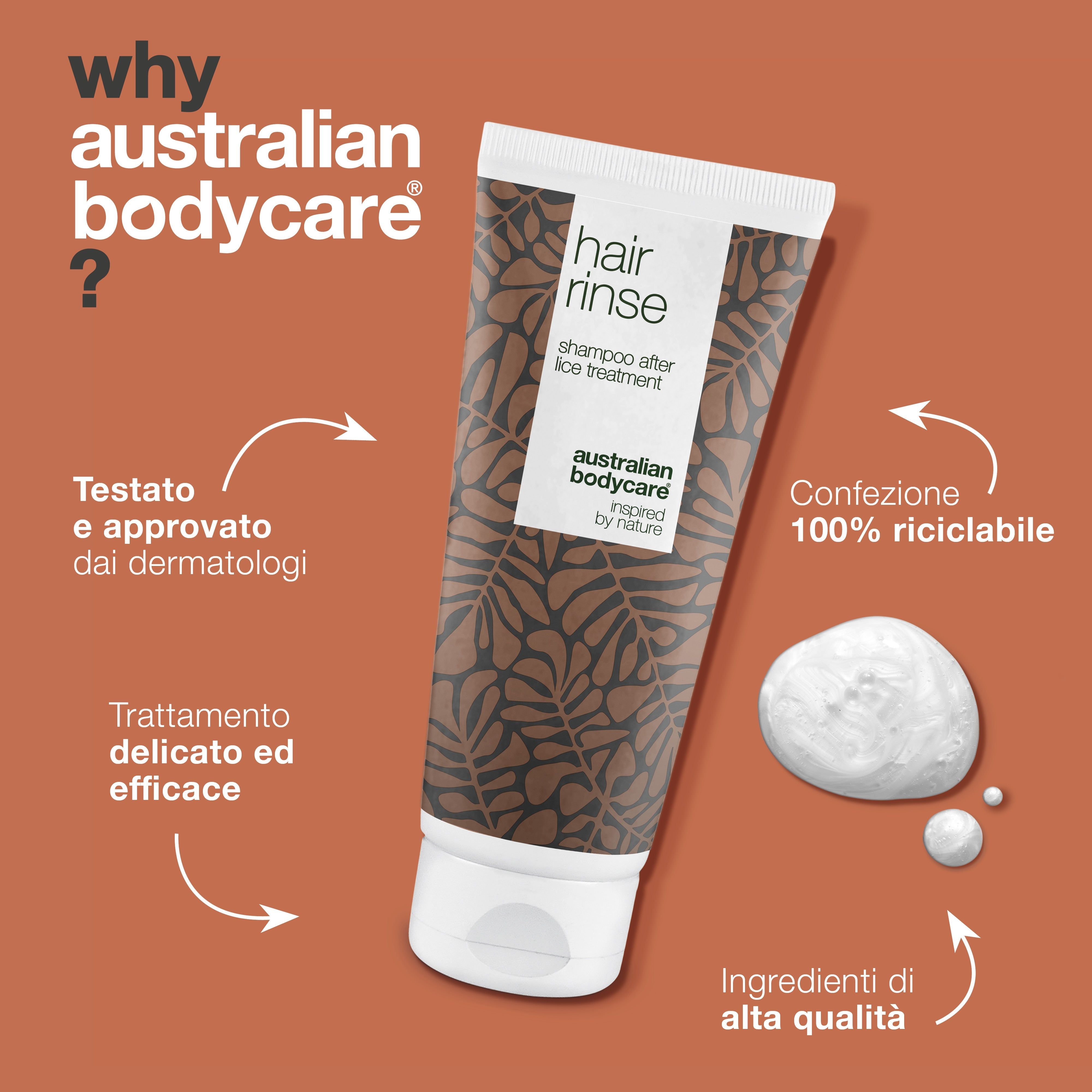 Tubo bianco. Scritta: hair rinse, shampoo after lice treatment, Australian Bodycare, inspired by nature. Accanto, del testo.