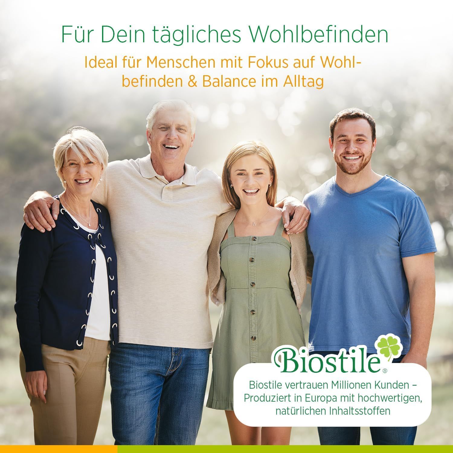 Famiglia all'aperto, logo Biostile e testo sul benessere.