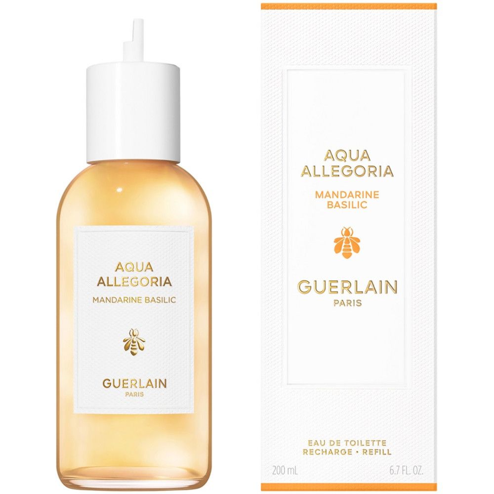 Flacone in vetro e confezione. Scritta Aqua Allegoria Mandarine Basilic. Marchio Guerlain Paris. 200 ml.