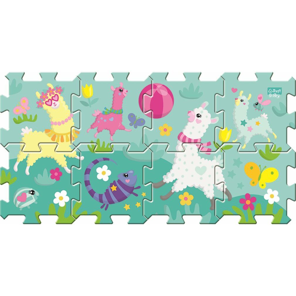 Puzzle in schiuma Happy Llamas, steso. Diversi pezzi di puzzle mostrano lama, fiori e farfalle. Colori: turchese, giallo, rosa, bianco.