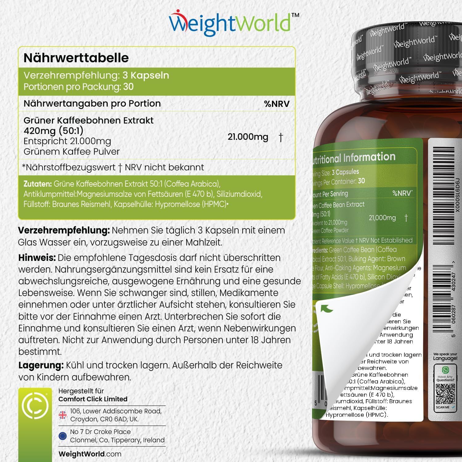 Tabella nutrizionale. Flacone WeightWorld Caffè Verde. Contiene: Estratto di caffè verde, 21.000mg. 30 porzioni.