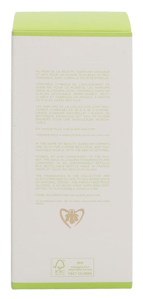Confezione con bordo verde. Testo: Aqua Allegoria, informazioni sugli ingredienti, logo FSC e logo Guerlain.
