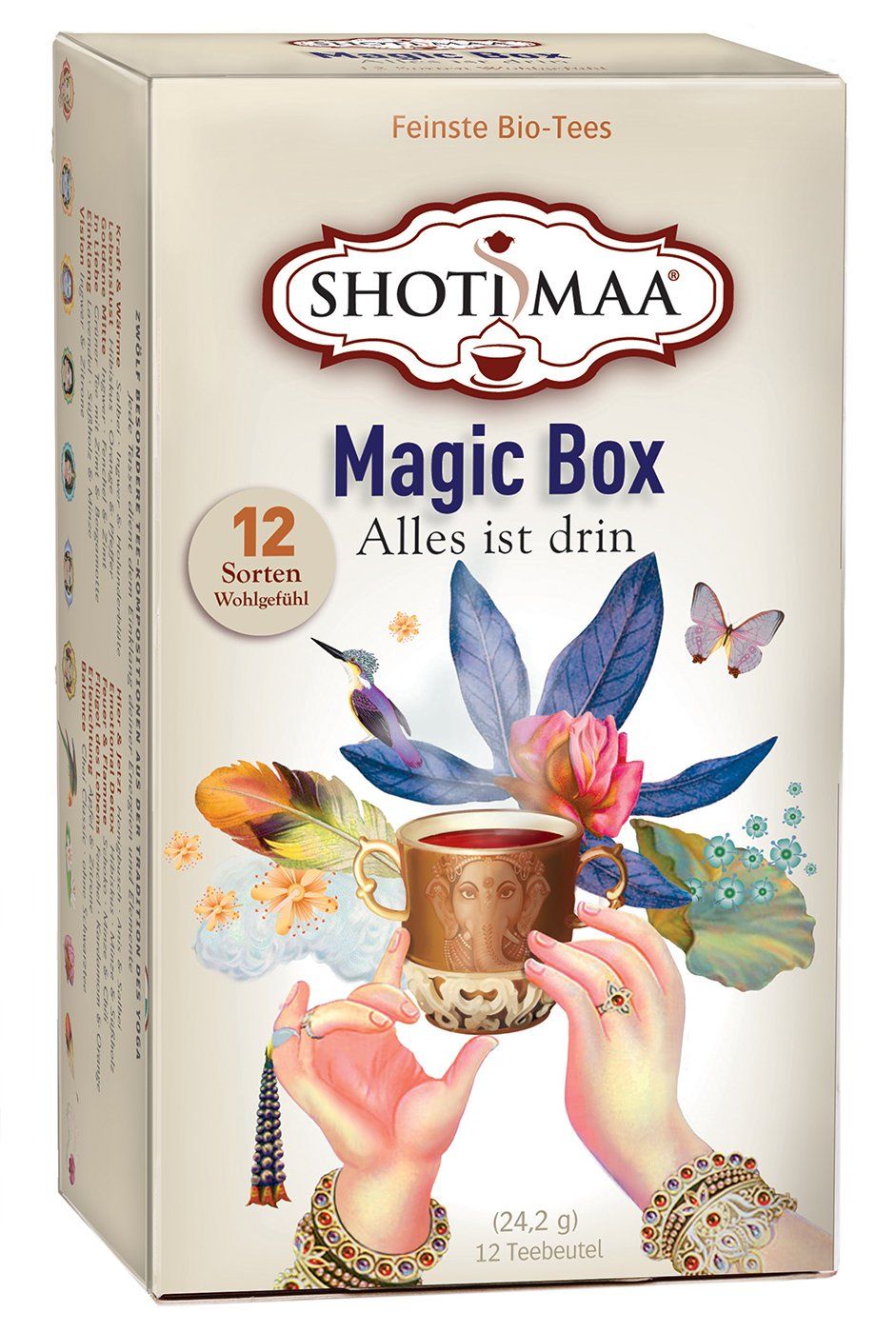 Scatola magica Shoti Maa, confezione di tè con 12 bustine di tè biologico.