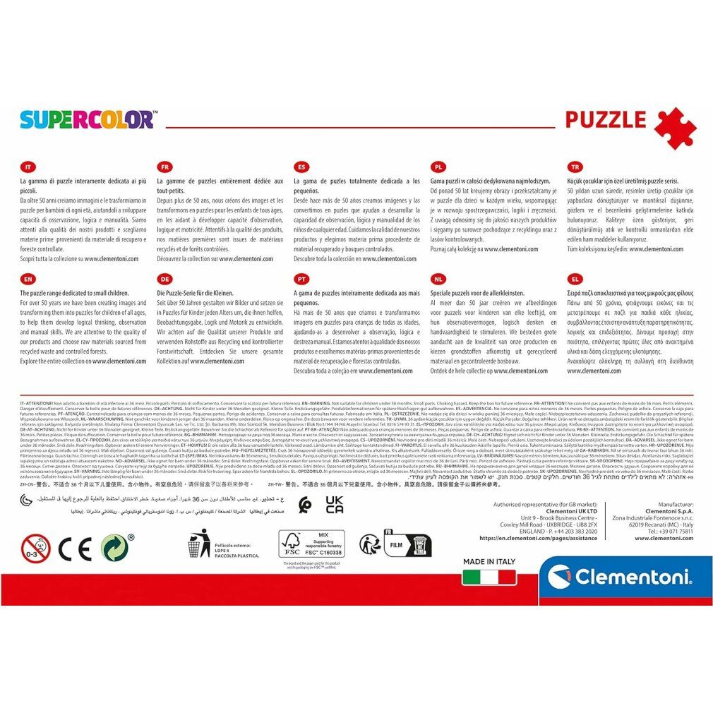 Retro della scatola del puzzle. Testo multilingue. Loghi: CE, FSC, UKCA. Produttore: Clementoni. Fatto in Italia.
