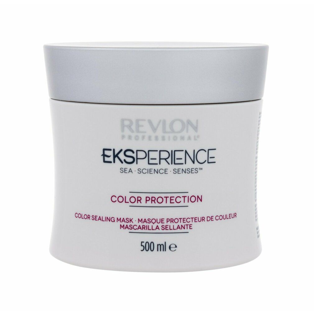Vaso bianco con coperchio argentato. Scritta: Revlon Eksperience Color Protection. 500 ml.