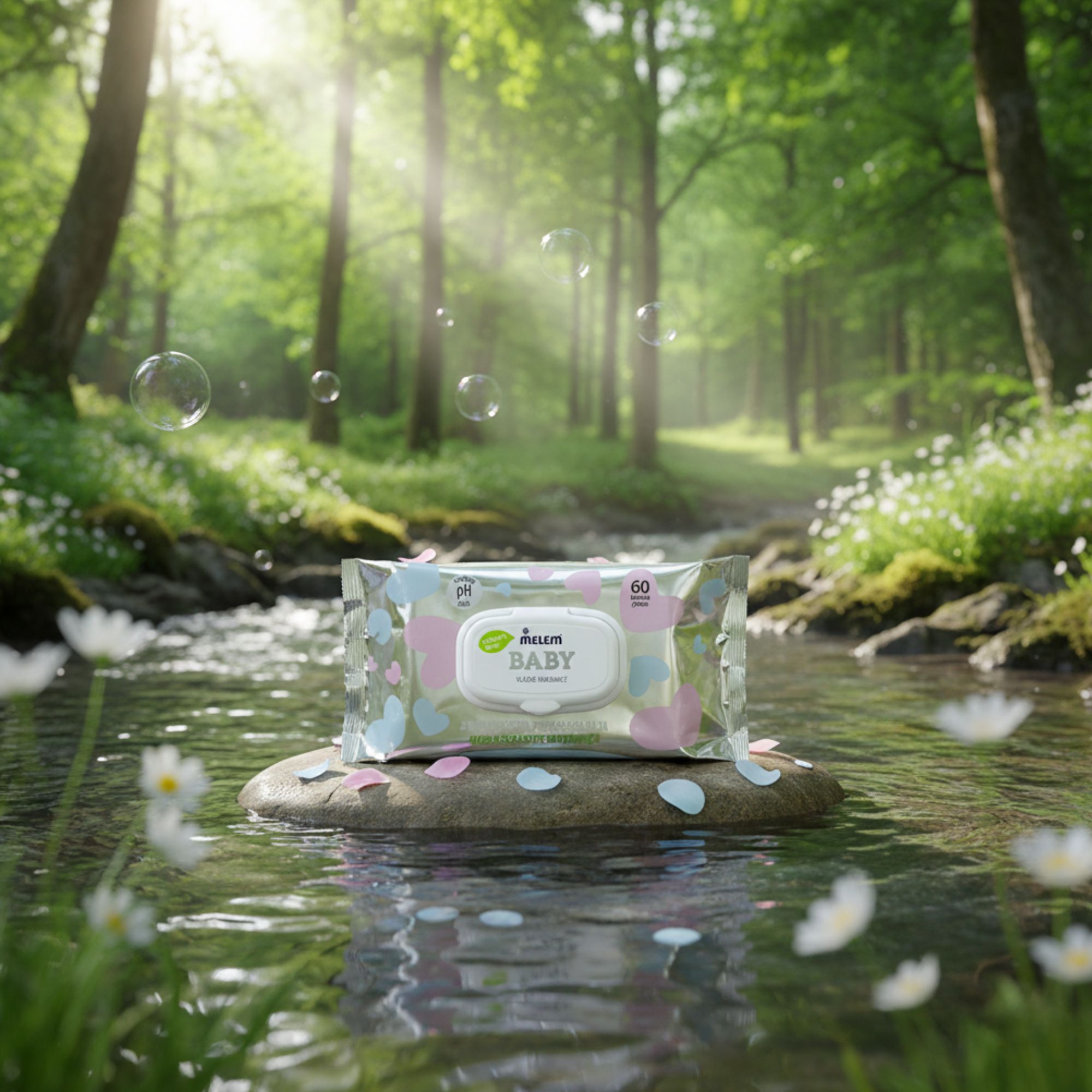 Confezione di salviette su pietra nell'acqua. Foresta e bolle sullo sfondo. Scritta: Melem Baby.