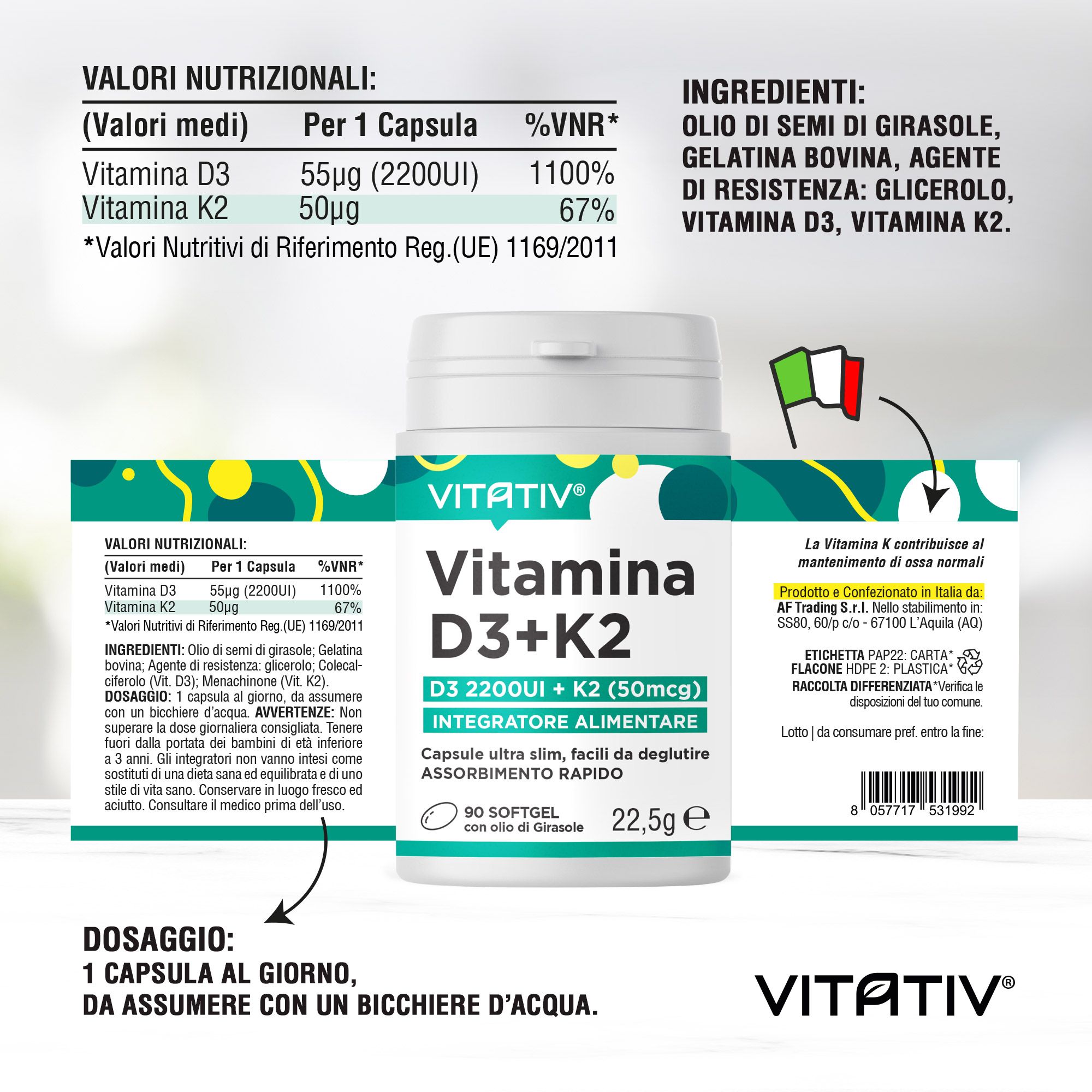 VITATIV® Vitamina D3 + K2 | 90 Mini Softgel | Supporto per Ossa e Denti normali