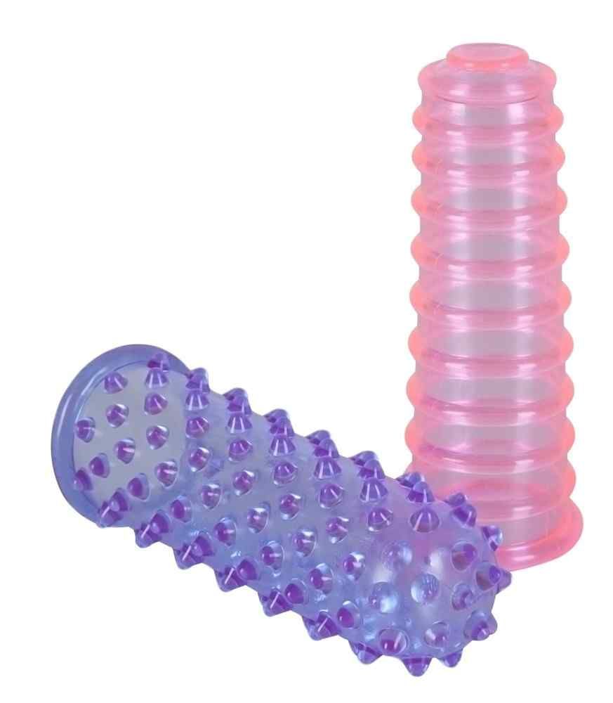 Due dita. Un dito rosa con scanalature, un dito viola con borchie.