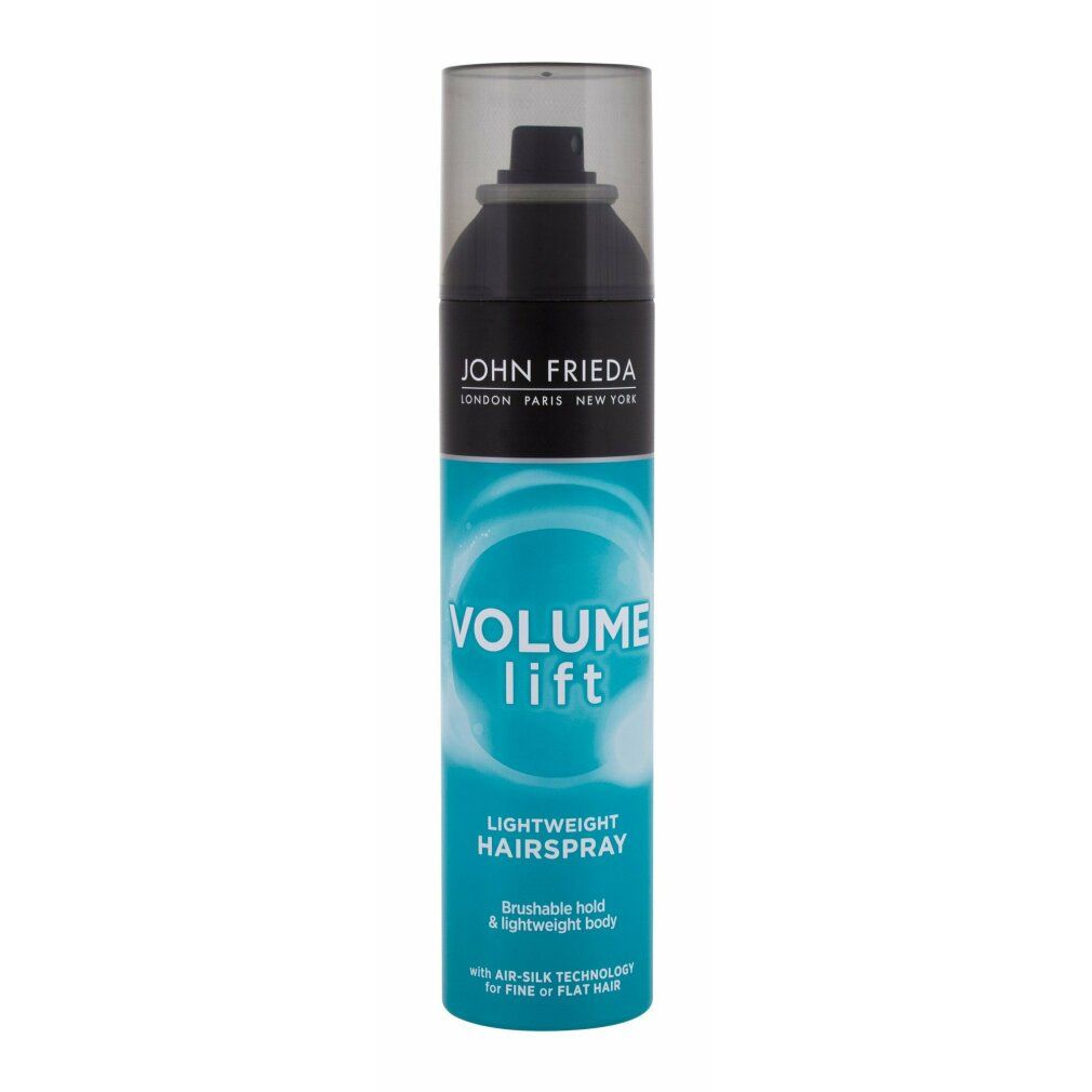 John Frieda Volume Lift Hairspray. Flacone spray turchese e nero. Testo: Volume Lift, Lightweight Hairspray.