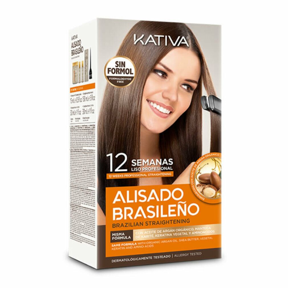 Kativa Alisado Brasileno. Scatola con donna e capelli lisci. Testo: 12 settimane, Sin Formol, Alisado Brasileno.