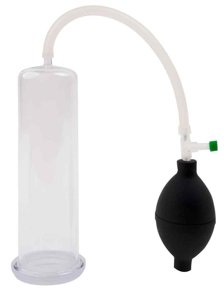 Cilindro trasparente con sfera nera, tubo e valvola verde. Base. Cilindro trasparente.