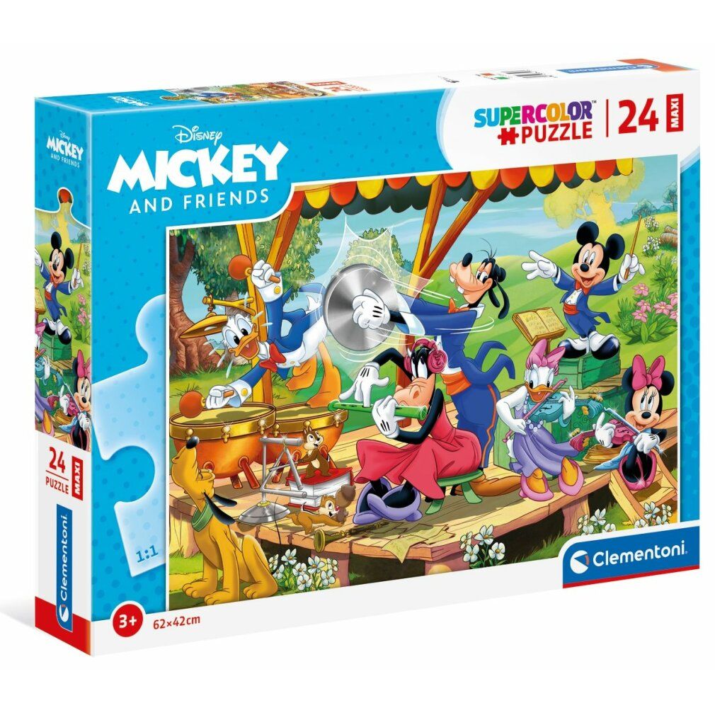 Puzzle Clementoni, Topolino e amici, Maxi, 24 pezzi. La confezione mostra il motivo del puzzle: Topolino e amici suonano musica. 62x42cm.