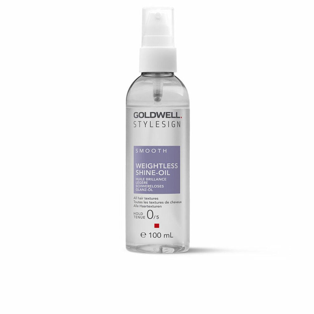 Goldwell StyleSign Smooth Weightless Shine-Öl. Flacone trasparente con erogatore spray. Etichetta viola.