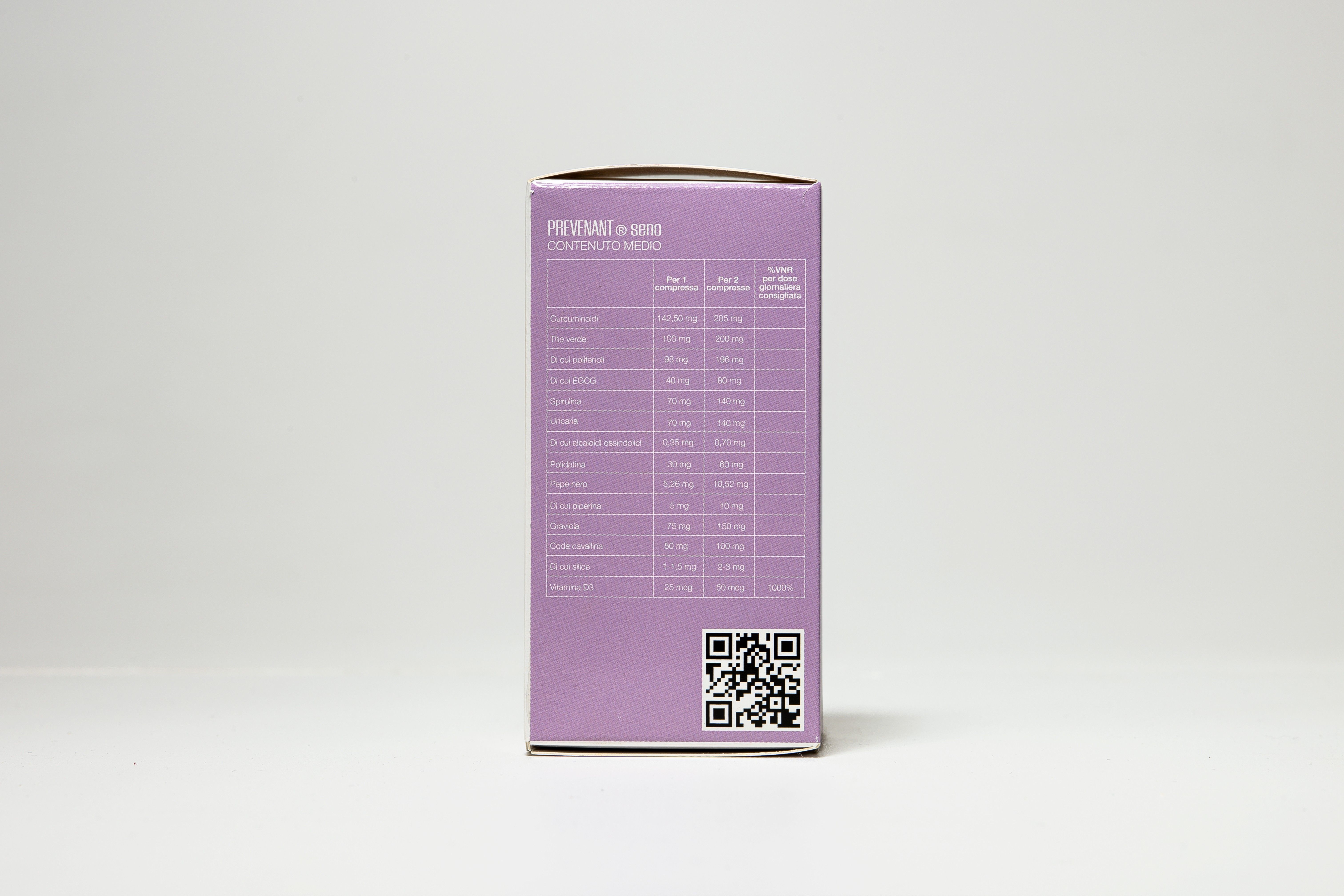 PREVENANT Seno. Scatola viola. Lato con tabella nutrizionale e codice QR. Sfondo bianco.