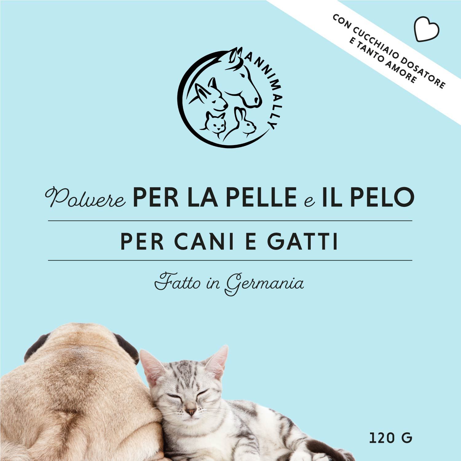 Quadrato blu con testo: Polvere per la pelle e il pelo, per cani e gatti. Logo. Immagine cane e gatto, 120 g.