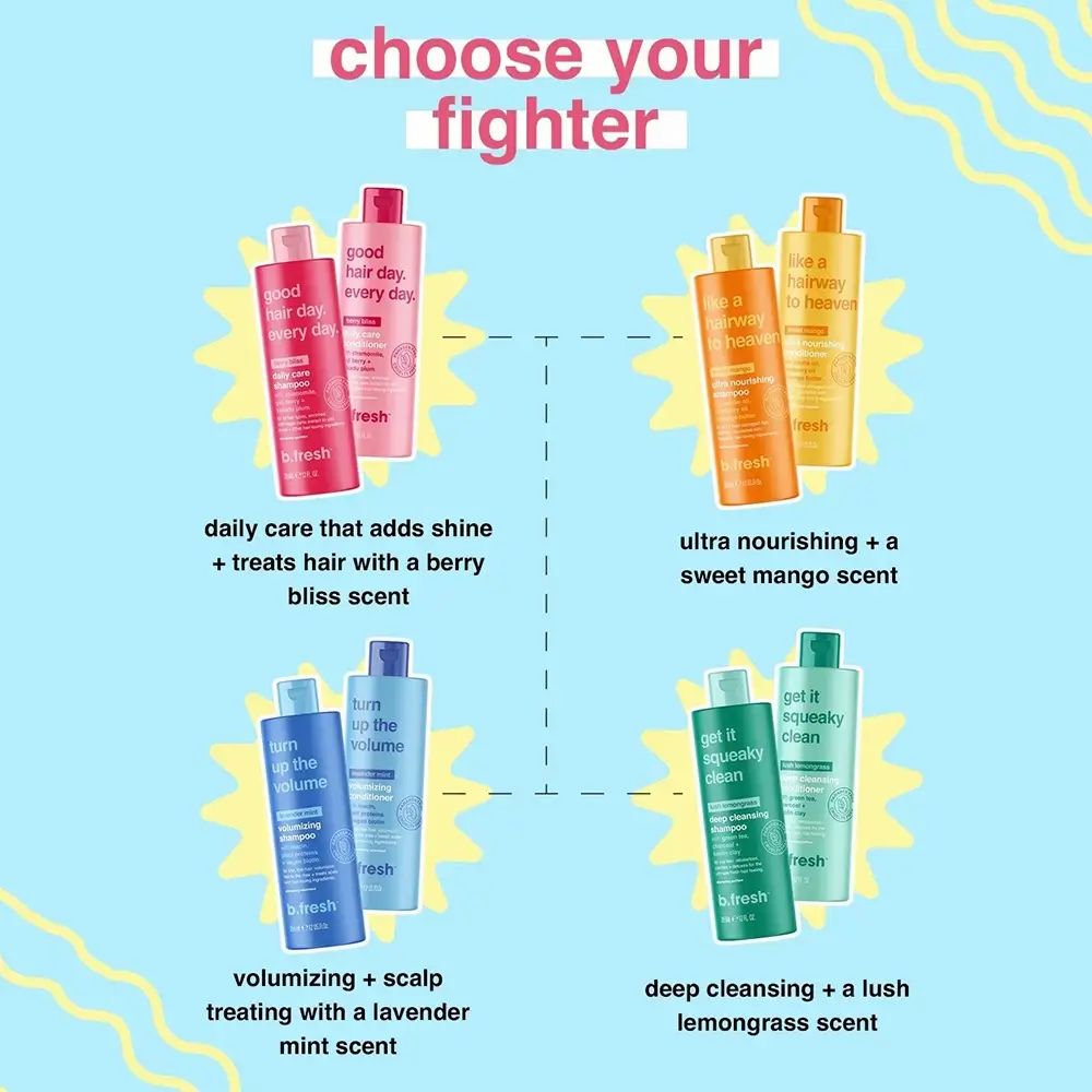 Quattro gruppi di prodotti con flaconi. Testo: Choose your fighter. Logo B.fresh. Su sfondo blu.