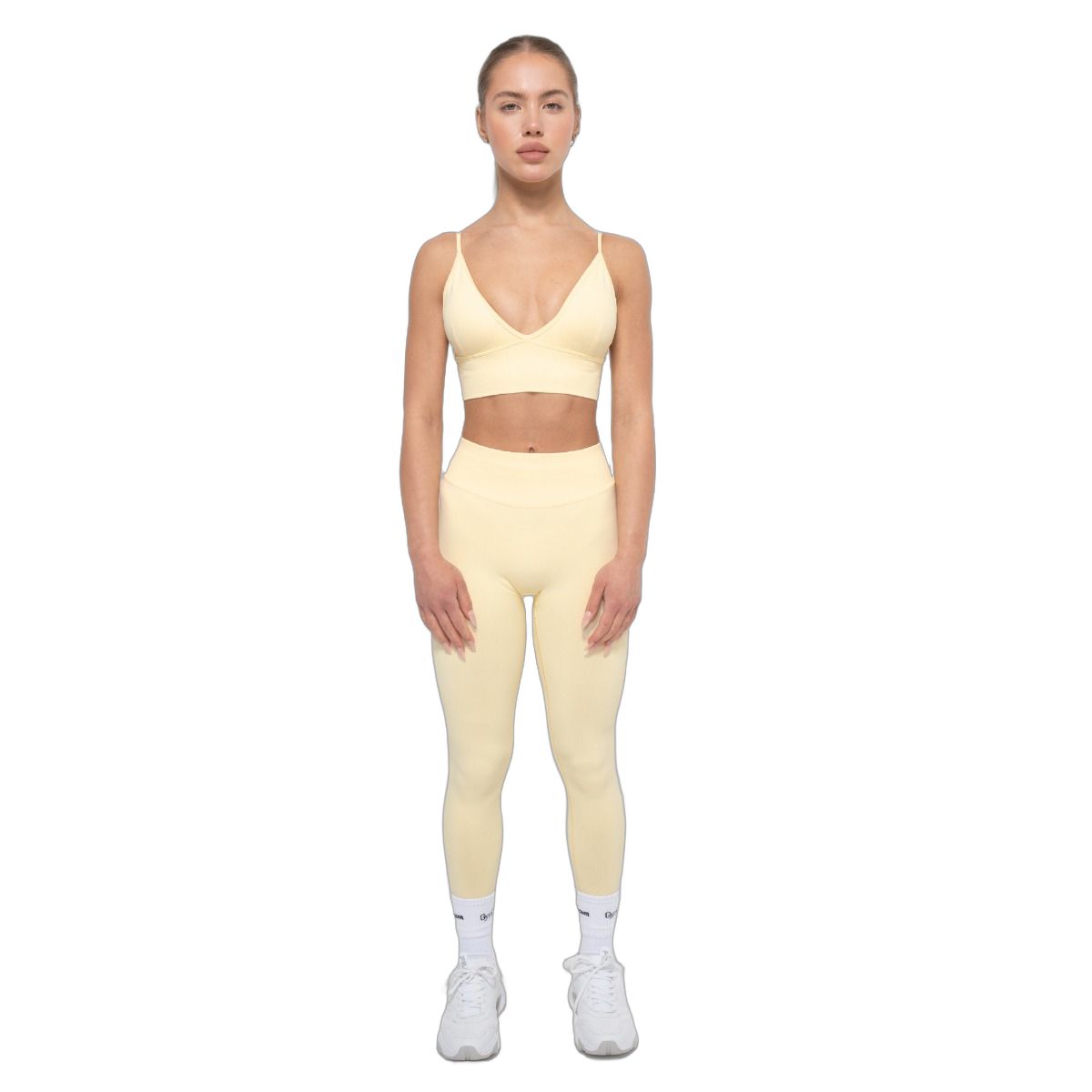 Leggings e reggiseno sportivo donna giallo burro, vita alta.