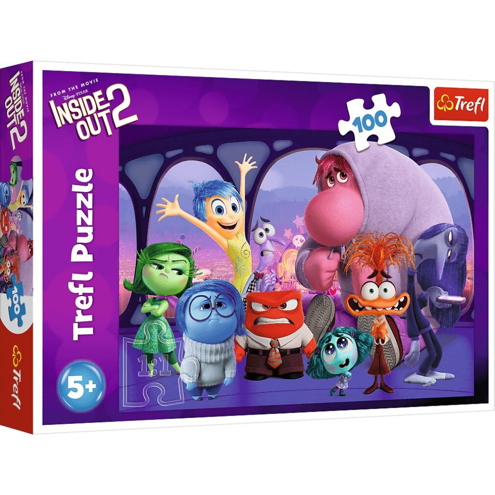 Puzzle Trefl "Inside Out 2", 100 pezzi. Confezione con personaggi del film. Logo e raccomandazione d'età.