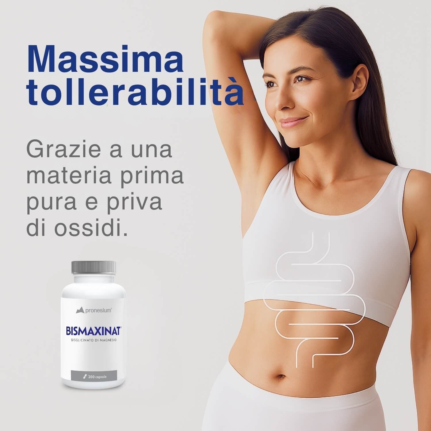 Donna con top bianco. Flacone BISMAXINAT. Disegno dell'apparato digerente.