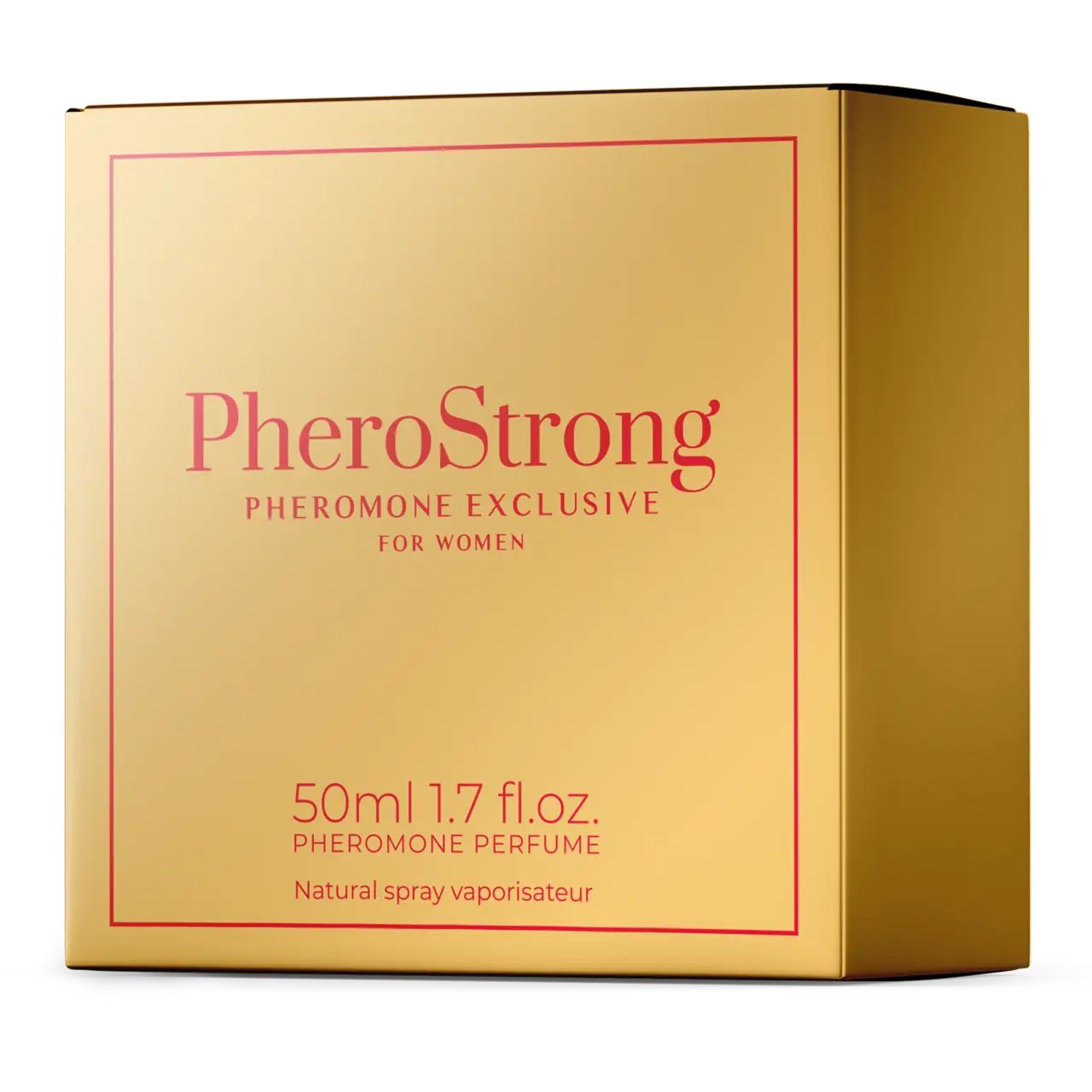 Confezione dorata con scritta rossa. Scritta PheroStrong, Pheromone Exclusive for Women. Flacone da 50 ml. Vaporizzatore naturale.