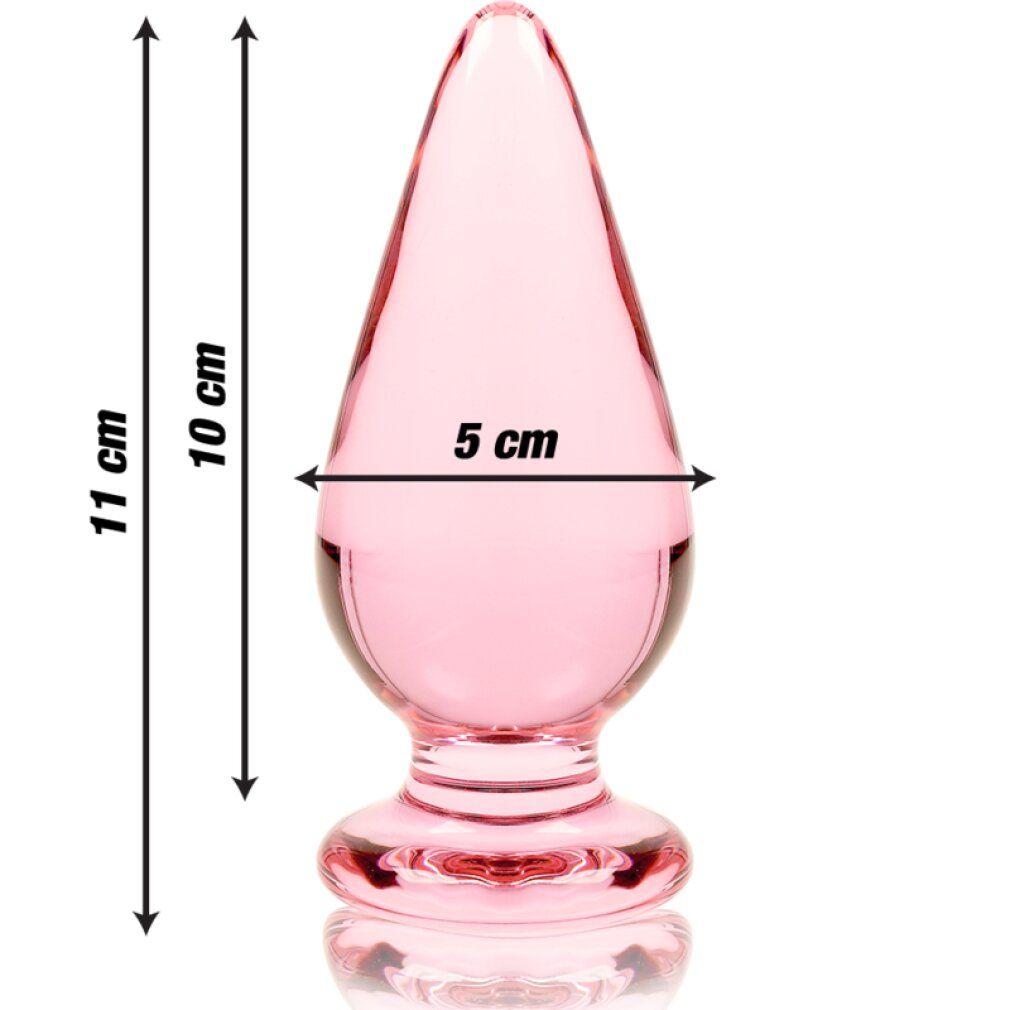 Plug anale in vetro rosa con base larga, lungo 11 cm, largo 5 cm.