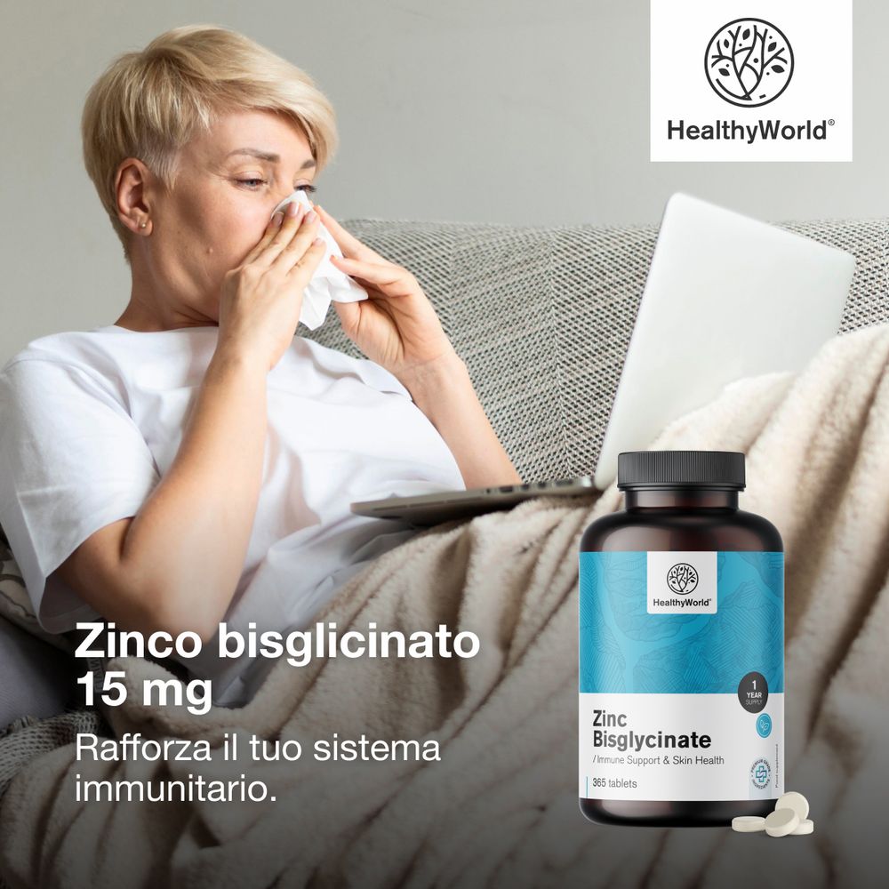 Donna con fazzoletto, flacone di Zinco Bisglicinato 15 mg per rafforzare il sistema immunitario.