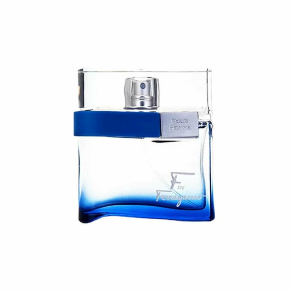 F by Ferragamo Free Time Edt. Spray. Flacone quadrato in vetro con sfumatura blu. Vaporizzatore argentato.
