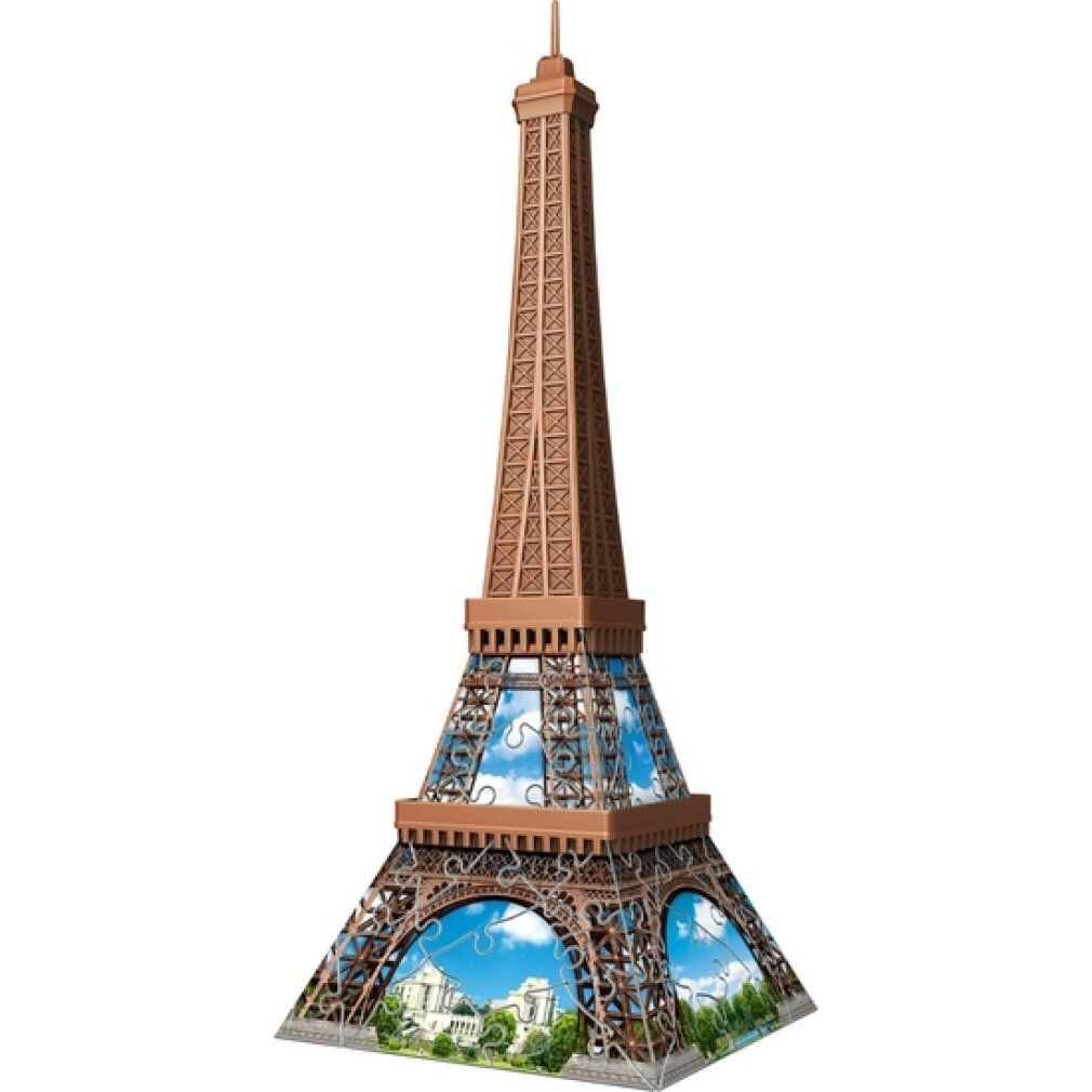 Torre Eiffel puzzle 3D marrone. Completamente assemblata, con immagini di cielo e paesaggio nelle finestre. Senza confezione.