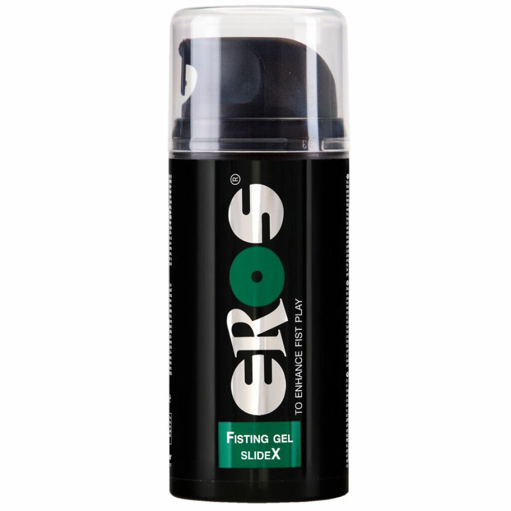 Flacone compatto con tappo nero e chiusura trasparente. Scritta: EROS, Fisting Gel, SlideX.