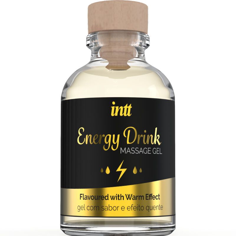 Flacone in vetro con tappo in legno. Etichetta nera con testo dorato: intt Energy Drink Massage Gel. Con effetto caldo.