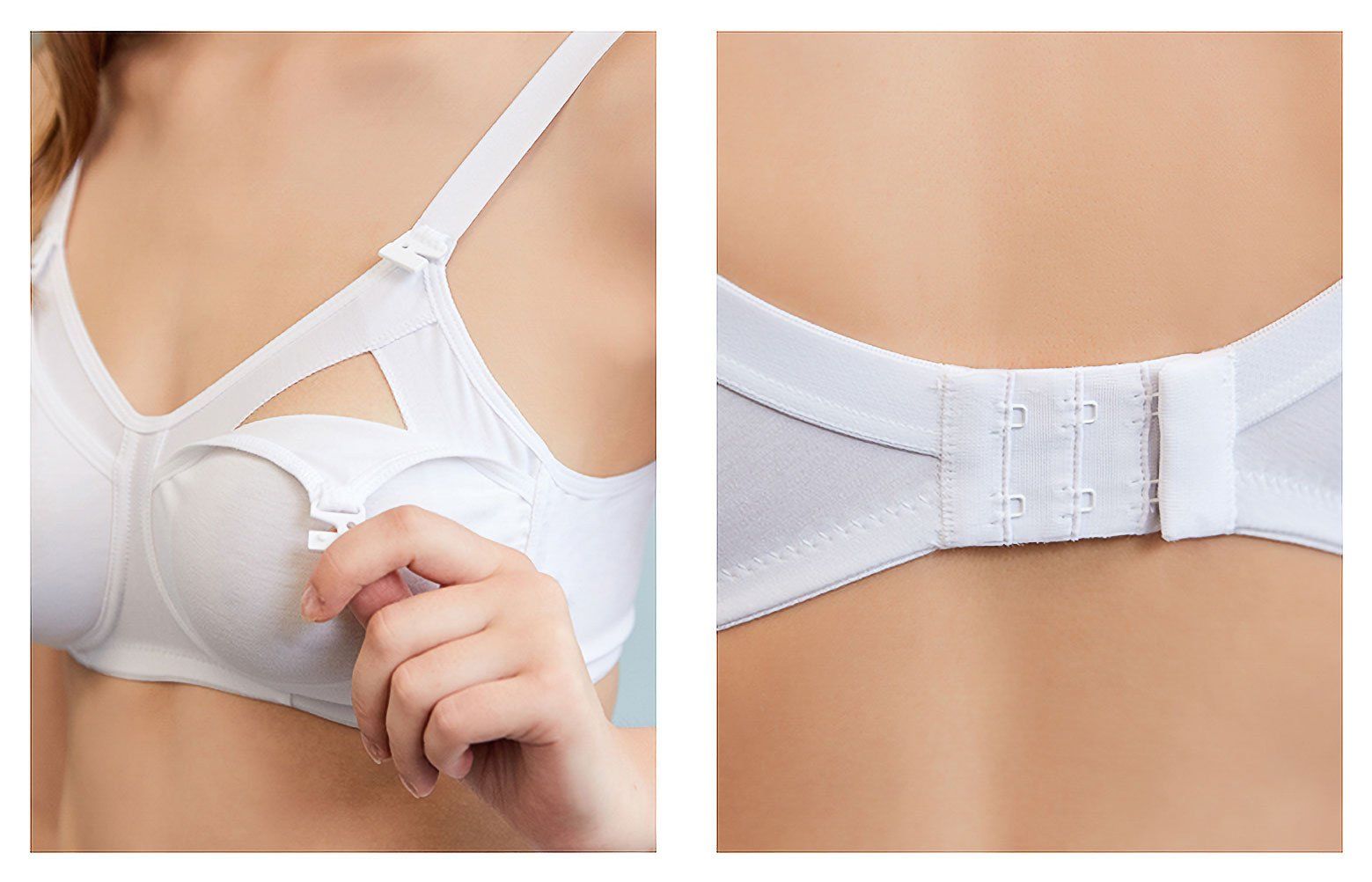Reggiseno allattamento bianco in cotone, coppa C preformata. Dettaglio: chiusura e apertura.