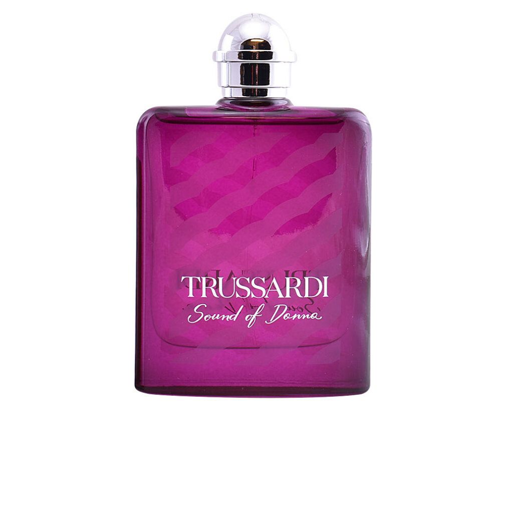 Flacone rosa con tappo argentato. Scritta: Trussardi Sound of Donna. Eau de Parfum.
