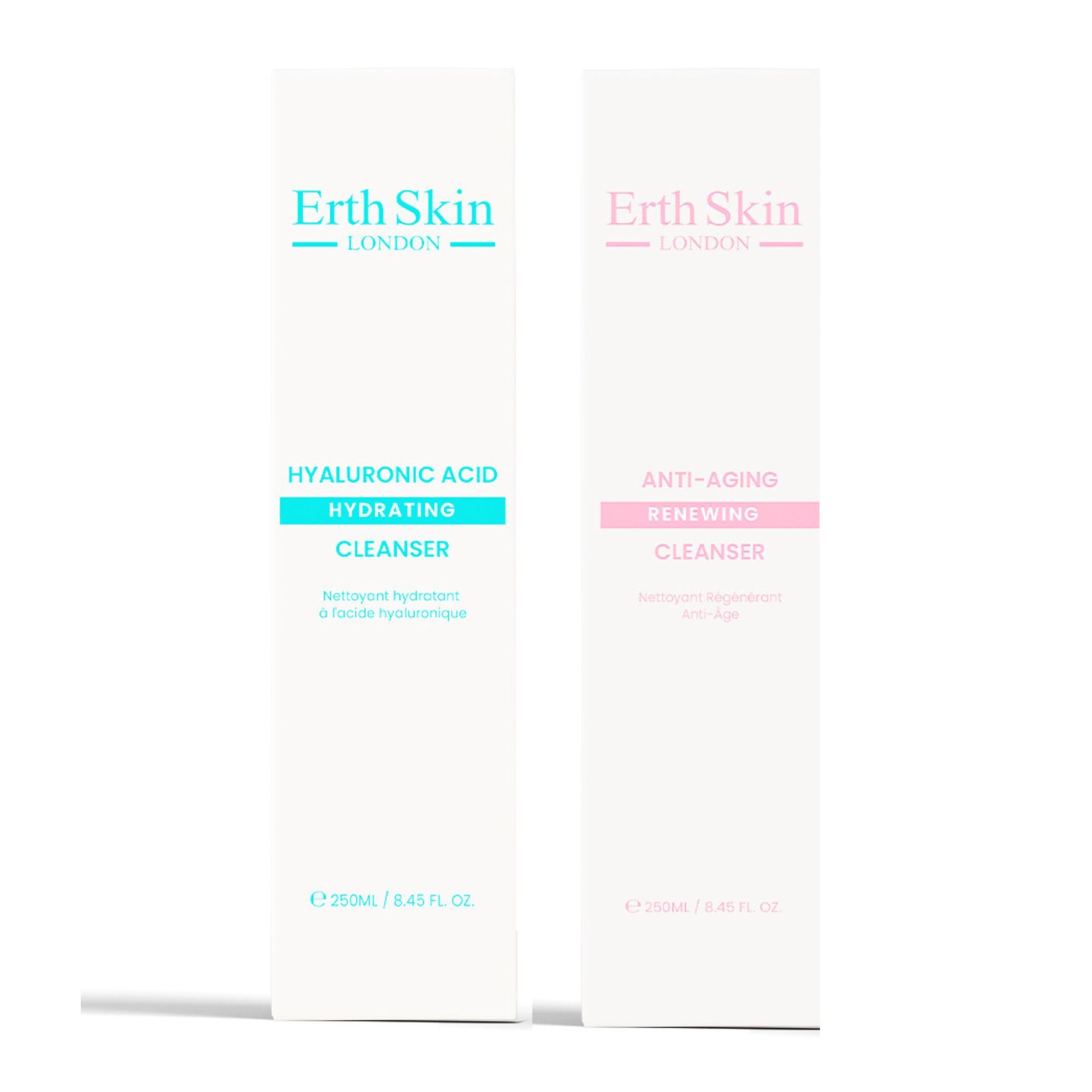 Due confezioni di prodotti. Scritta: Erth Skin London. Una confezione blu, una rosa. Scritta: Acido ialuronico, Anti-età.
