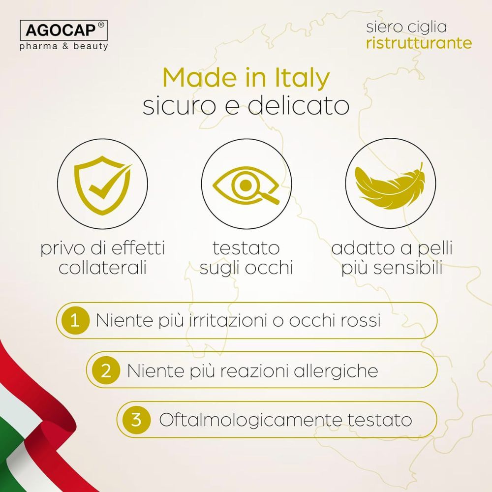 Informazioni: Prodotto in Italia, sicuro e delicato. Logo Agocap e nome del prodotto.