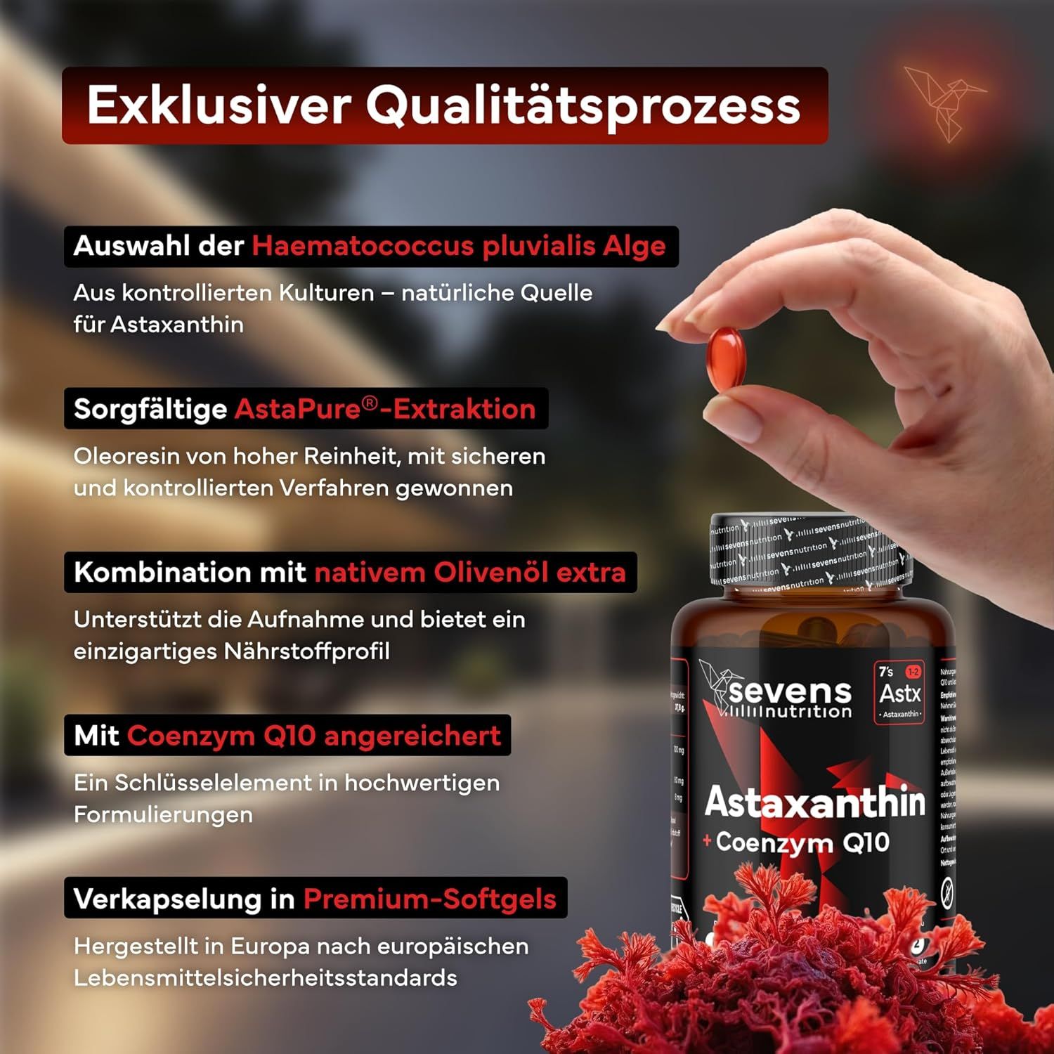 Mano mostra una capsula di astaxantina. Informazioni su ingredienti e produzione.